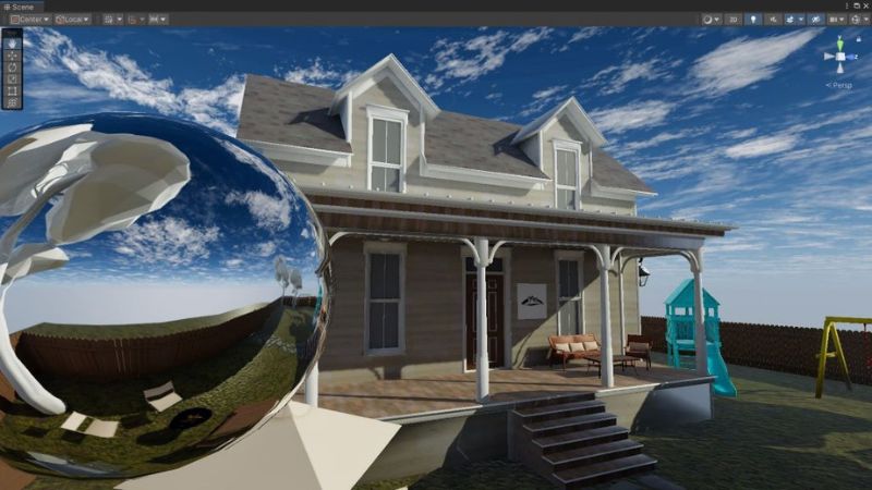 A large reflection probe in front of a house in Unity.