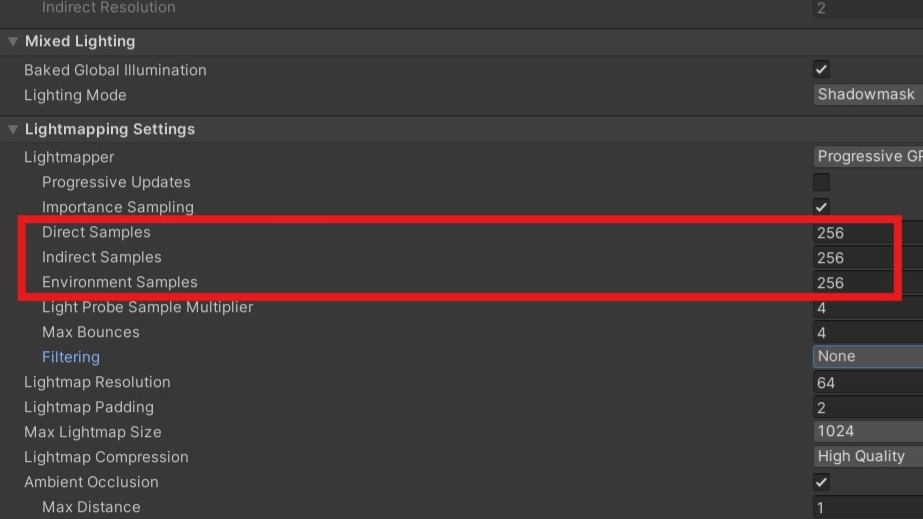The Samples values in Unity's Lighting window.