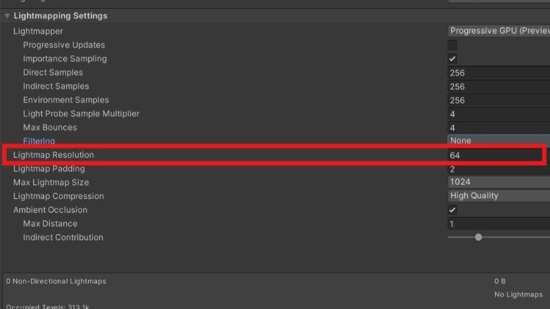 The Lightmap Resolution value in Unity's Lighting window.