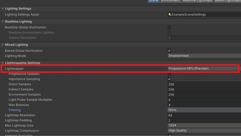 The Lightmapper dropdown in Unity's Lighting window.