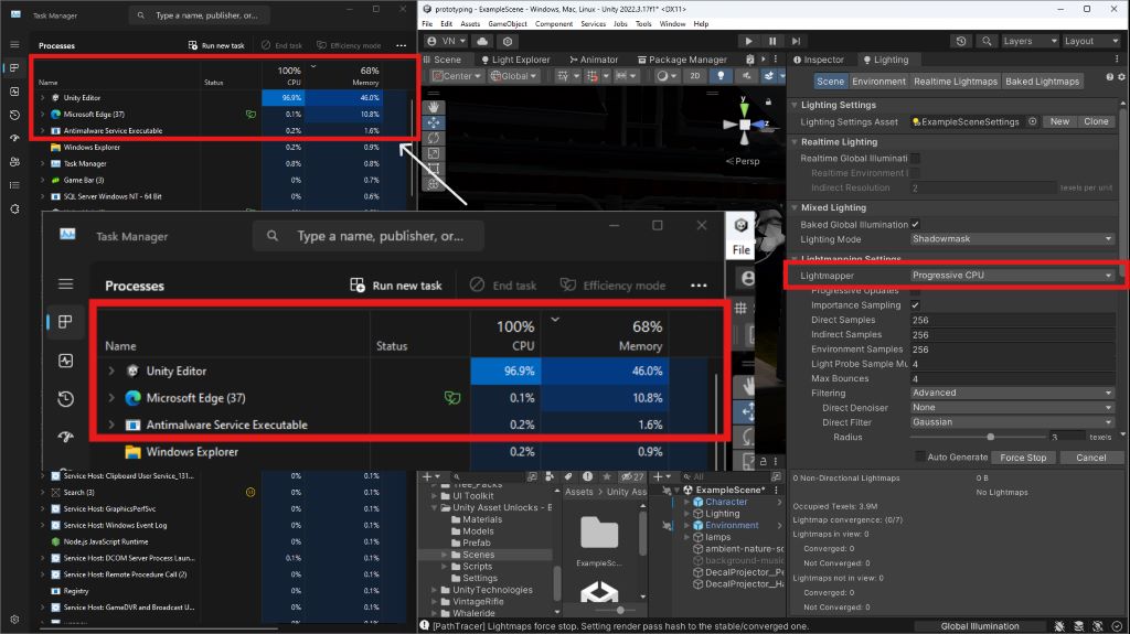Perfomance metrics from Windows Task manager when baking lights using Progressive CPU in Unity.