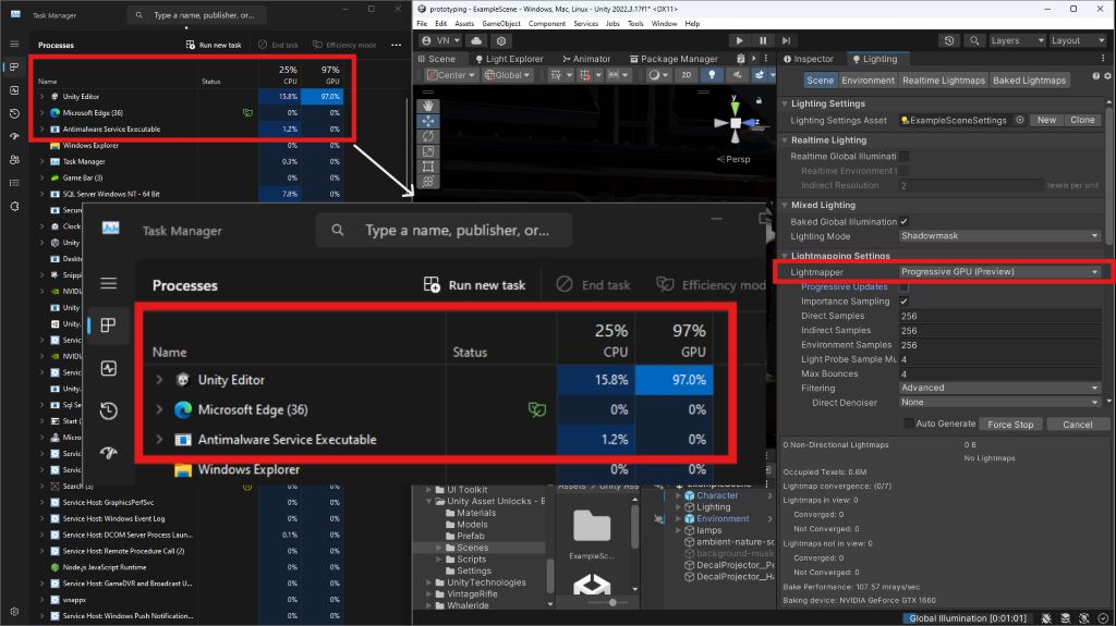 Perfomance metrics from Windows Task manager when baking lights using Progressive GPU in Unity.