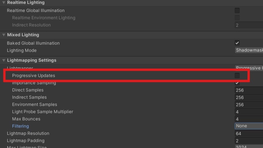 The Progressive Updates checkbox in Unity's Lighting window.