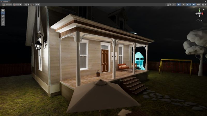 An illuminated front section of a house in Unity.