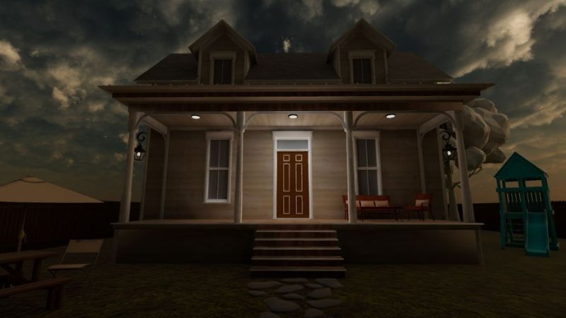 Area lights on the front porch of a house in Unity.