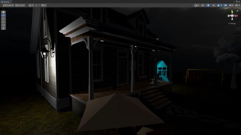 A dark front section of a house in Unity.