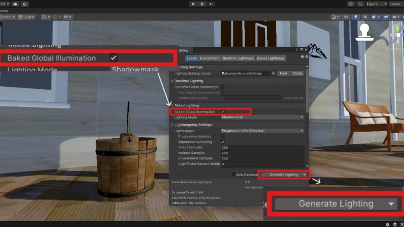 Buttons used to bake lights in Unity surrounded by red squares.
