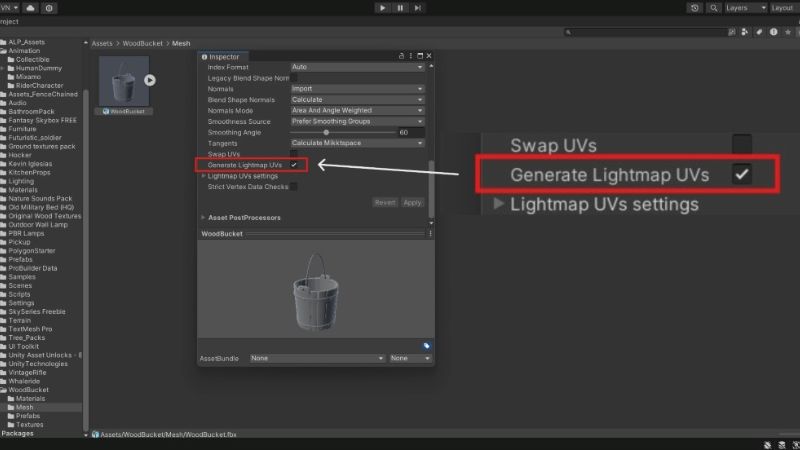 The 'Generate Lightmap UVs' checkbox in Unity.