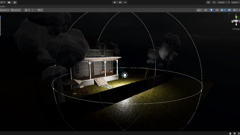 A point light in front of a house in Unity.