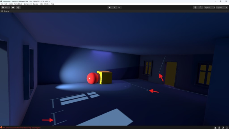 A red sphere and yellow square lit up in a house in Unity.