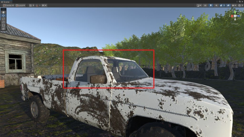A muddy white pickup truck with transparent windows in Unity.