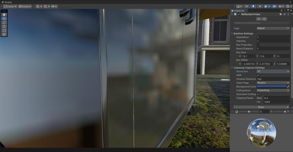 Blurry reflections from a shiny silver grill in Unity.